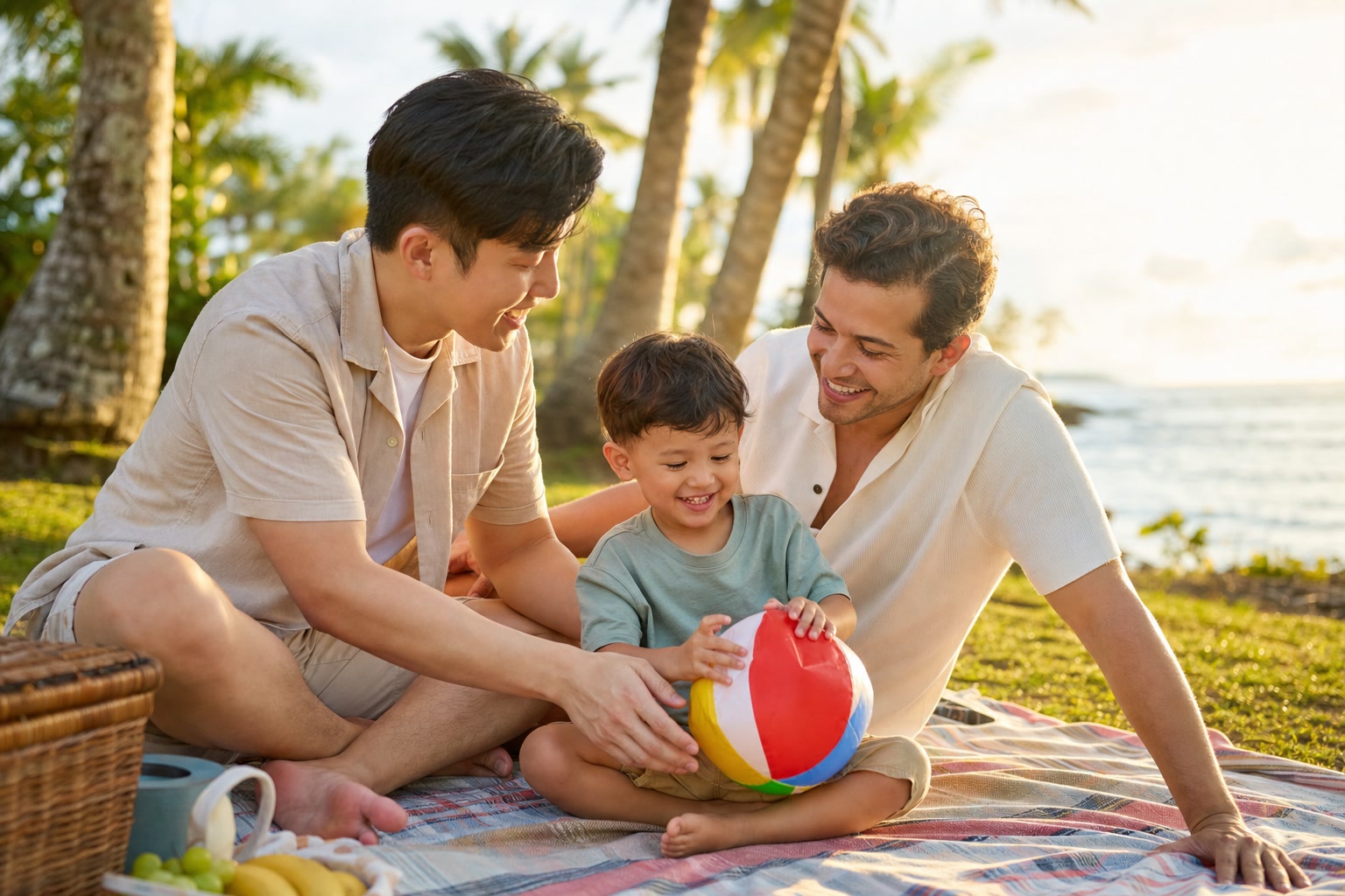 Two fathers happily playing with their young child by the sea