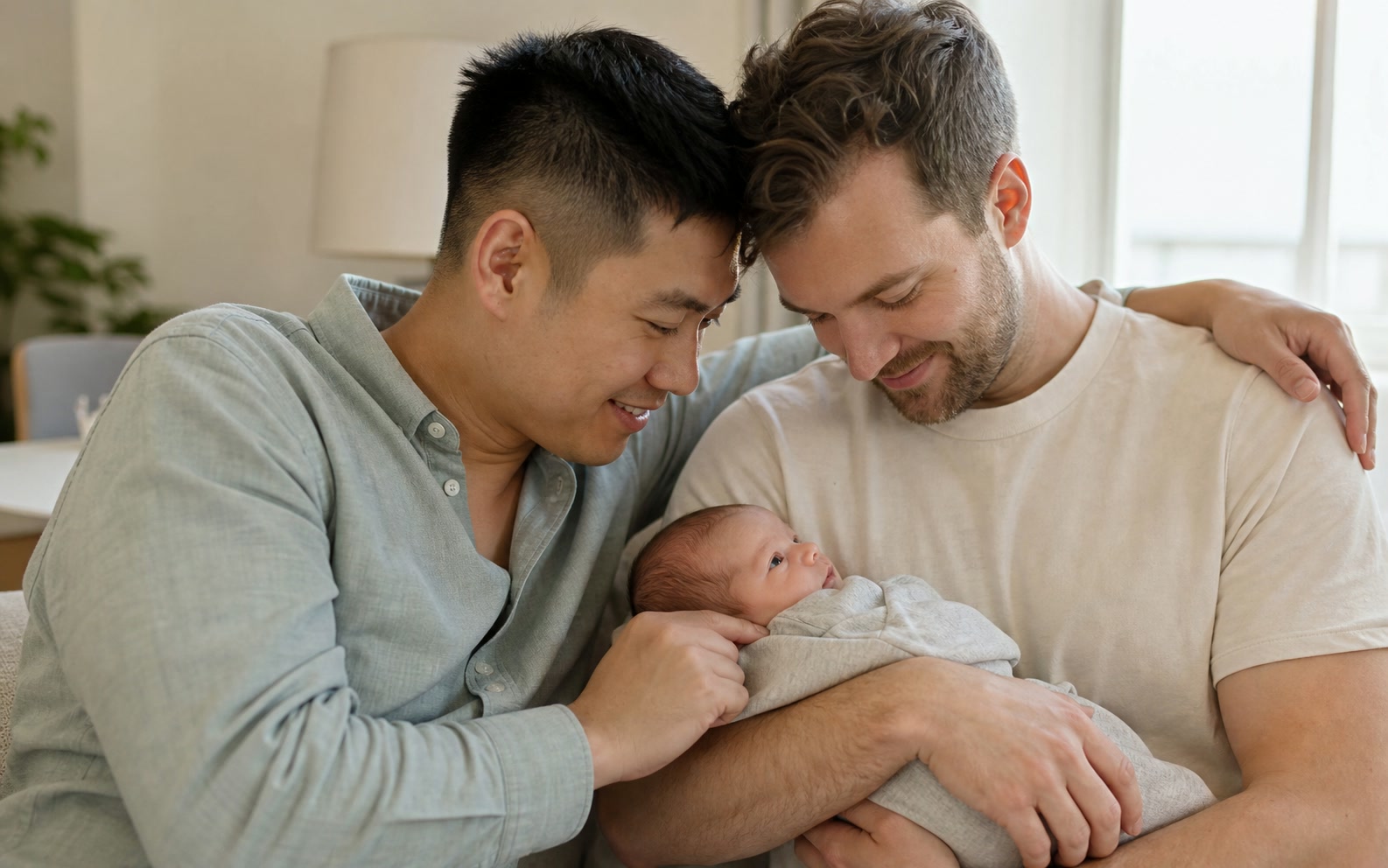 Two fathers tenderly holding their newborn baby